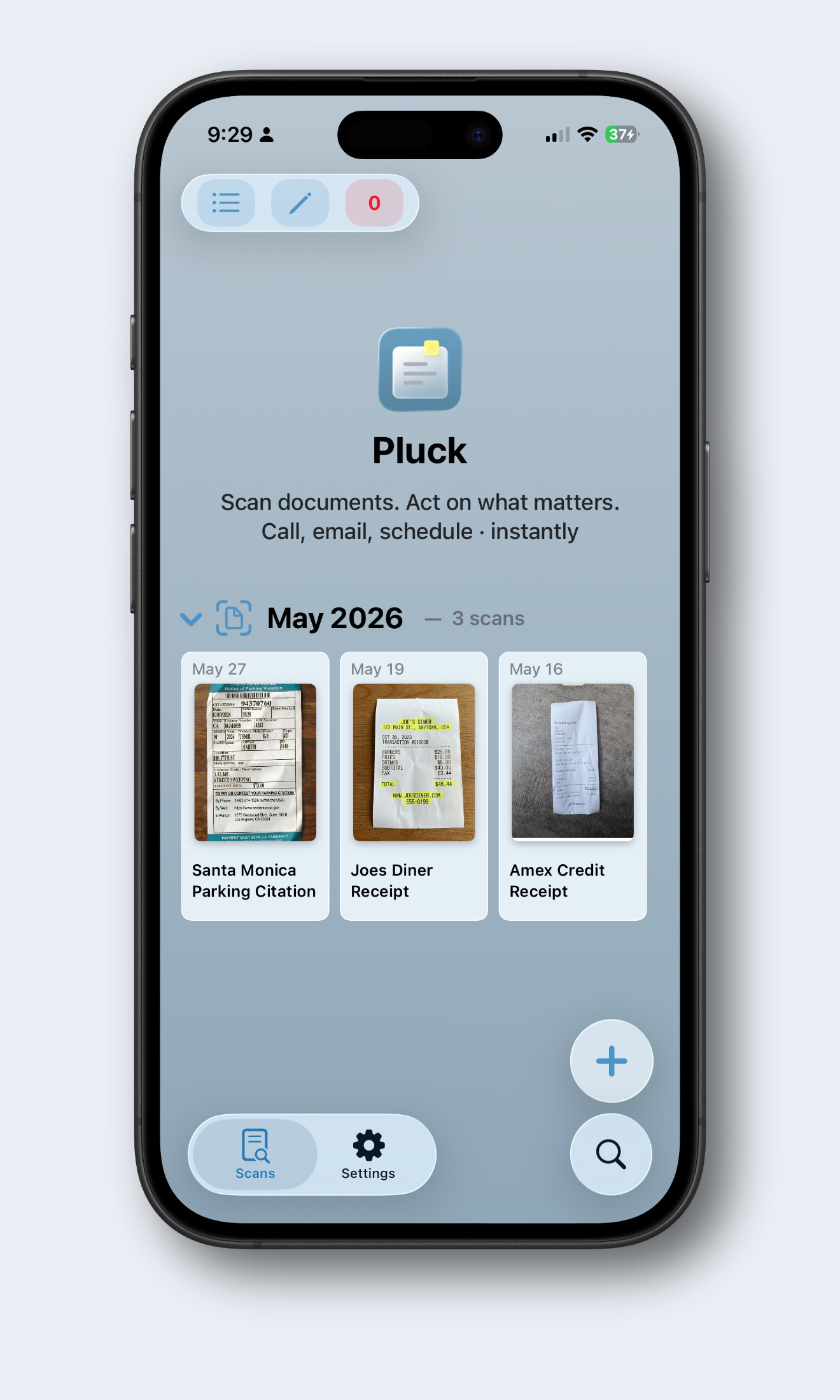 Pluck history view with scan thumbnails, tags, and starred items.