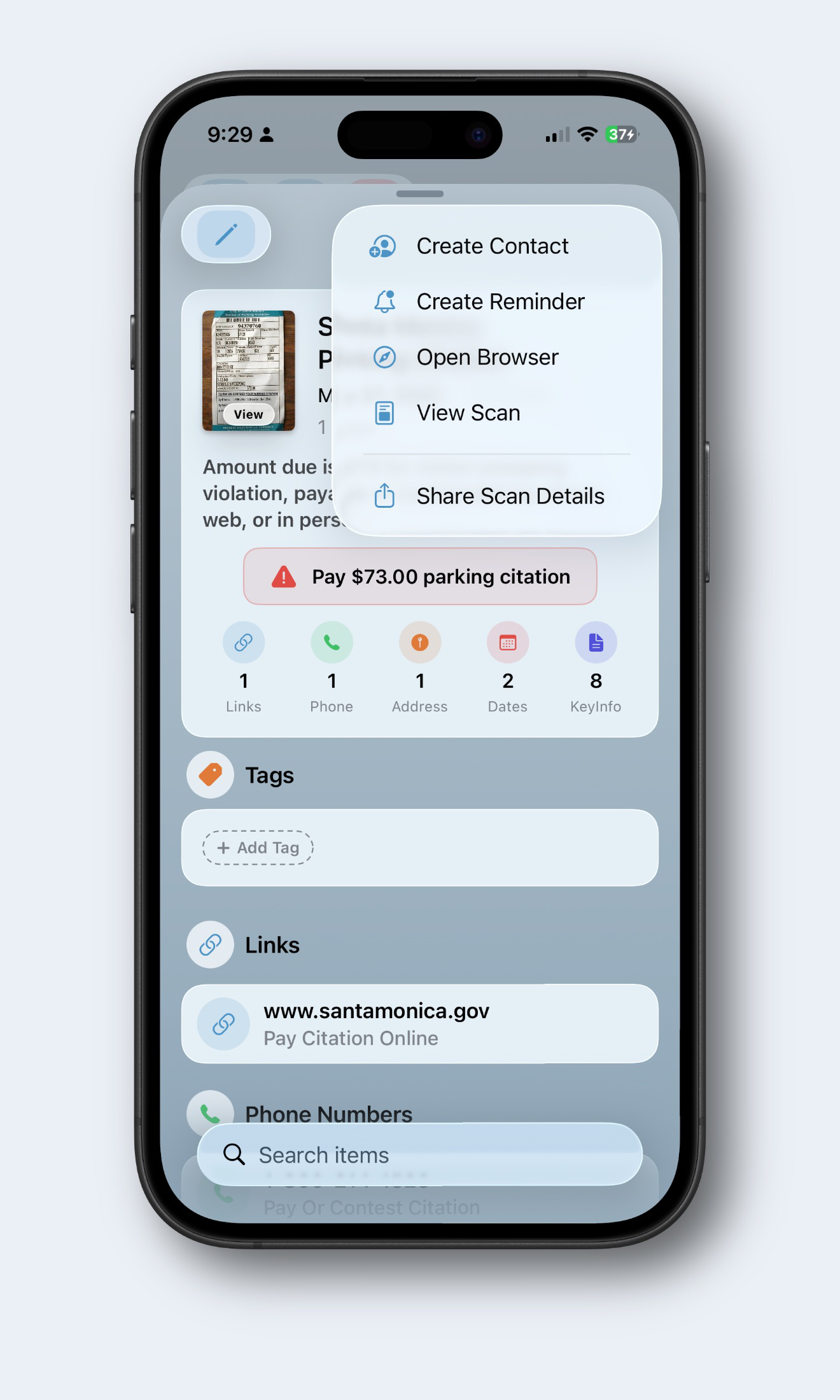 Pluck smart actions menu offering create contact, reminder, calendar event.