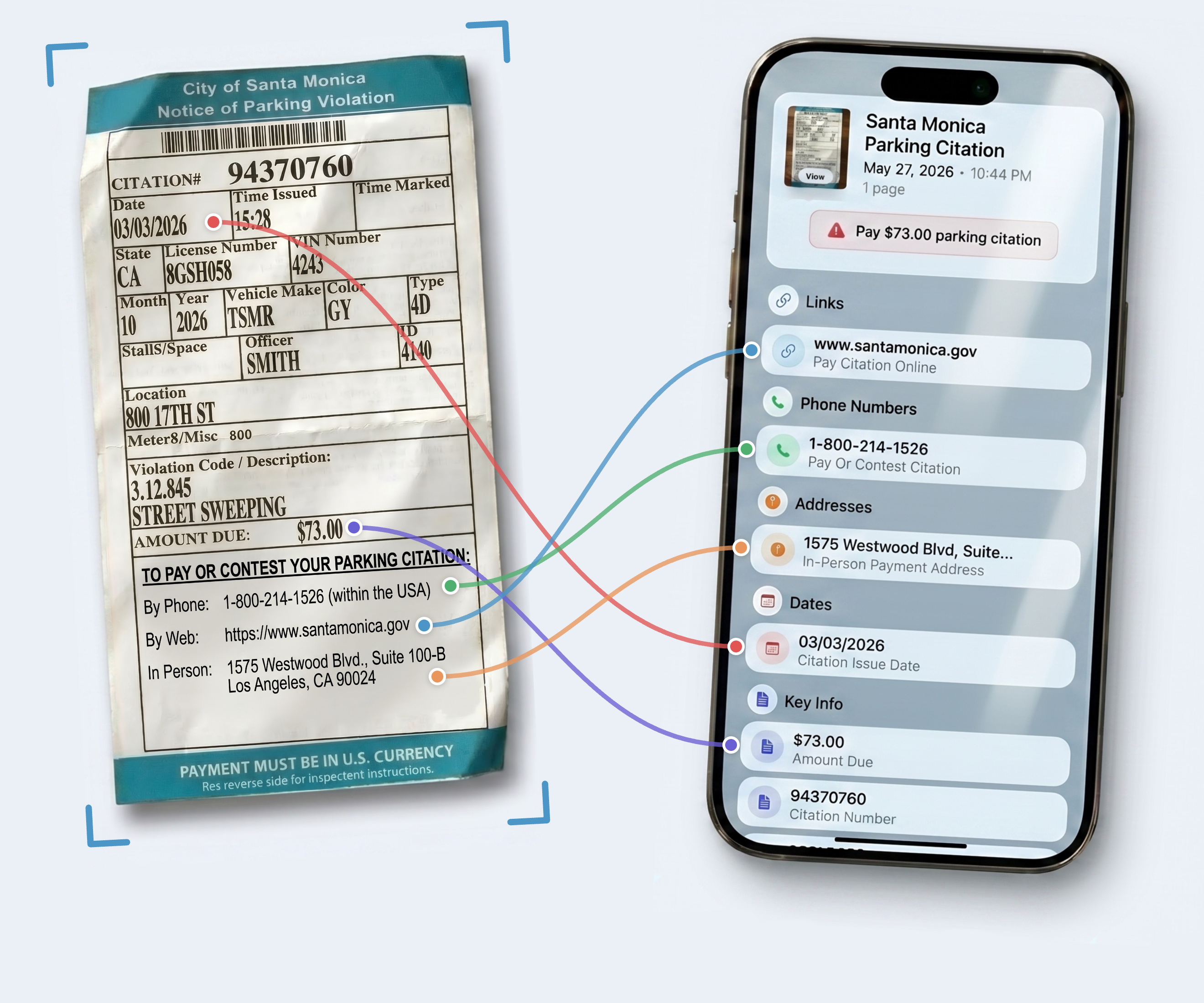 Pluck showing a Santa Monica parking citation scanned on the left, with every detail parsed into tappable rows on the right, and the connectors drawn between the two.